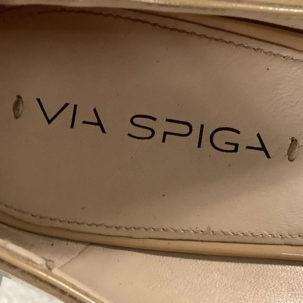 Via Spiga Tan Patent Leather Cork Wedge Peep Toe Pumps Nude Size 11M EUR 41
